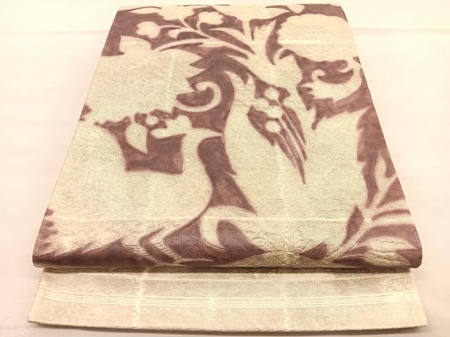 平和屋着物◎太鼓柄袋帯 ふくれ織 更紗花鳥文 銀糸 正絹 逸品 BAAU5625hv