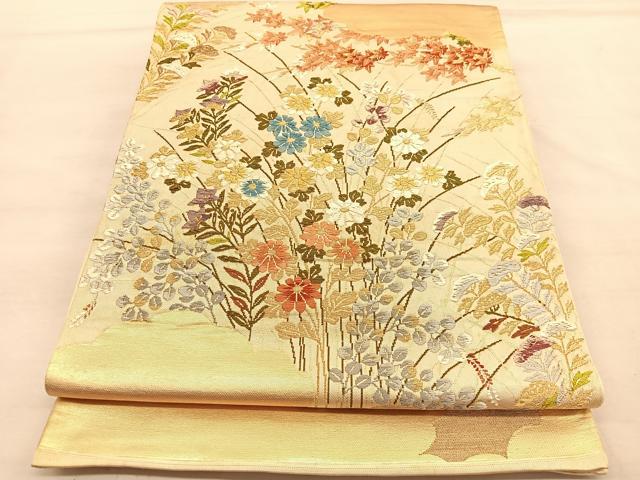 平和屋着物◎六通柄袋帯 唐織 秋草文 金糸 正絹 逸品 BAAU5672hv