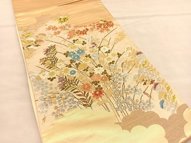平和屋着物◎六通柄袋帯 唐織 秋草文 金糸 正絹 逸品 BAAU5672hv