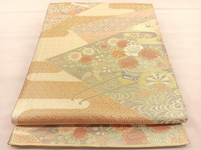 平和屋着物◎宝朱本佐賀錦 六通柄袋帯 花車文 九百錦 金糸 正絹 逸品 BAAU5690hv