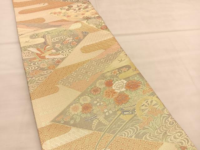 平和屋着物◎宝朱本佐賀錦 六通柄袋帯 花車文 九百錦 金糸 正絹 逸品 BAAU5690hv