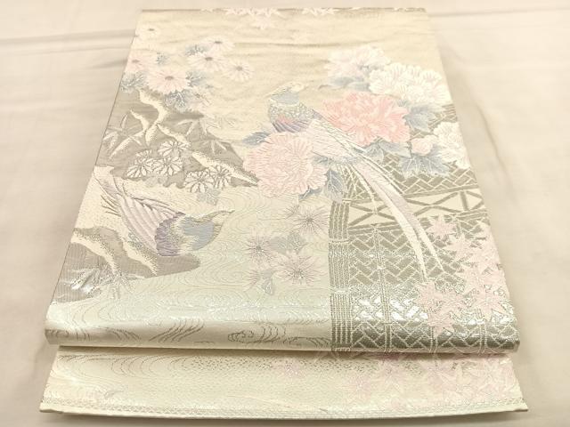 平和屋着物◎六通柄袋帯 唐織 尾長鳥花文 プラチナ箔二重織 正絹 逸品 BAAU5731hv