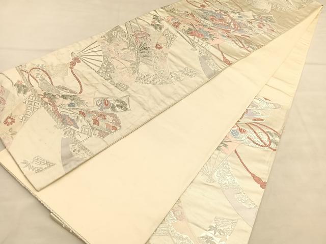 平和屋着物◎六通柄袋帯 唐織 扇面文箱花文 銀糸 正絹 逸品 BAAU5743hv
