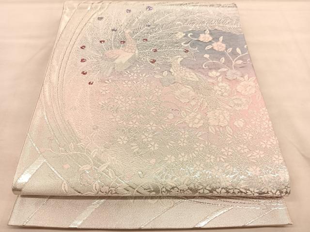 平和屋着物◎六通柄袋帯 唐織 孔雀花文 銀糸 正絹 逸品 BAAU5744hv