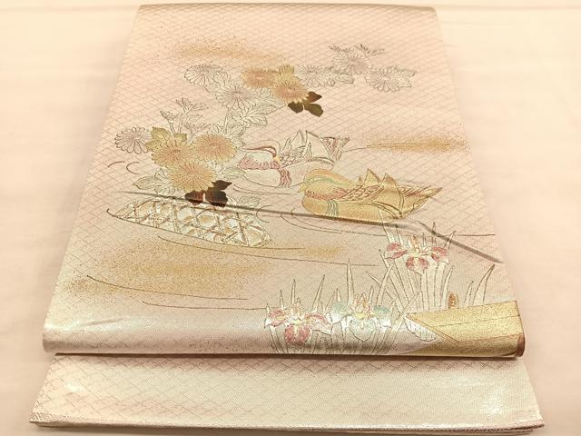 平和屋着物◎太鼓柄袋帯 作家物 八ツ橋鴛鴦花文 金銀彩 正絹 逸品 BAAU5772hv