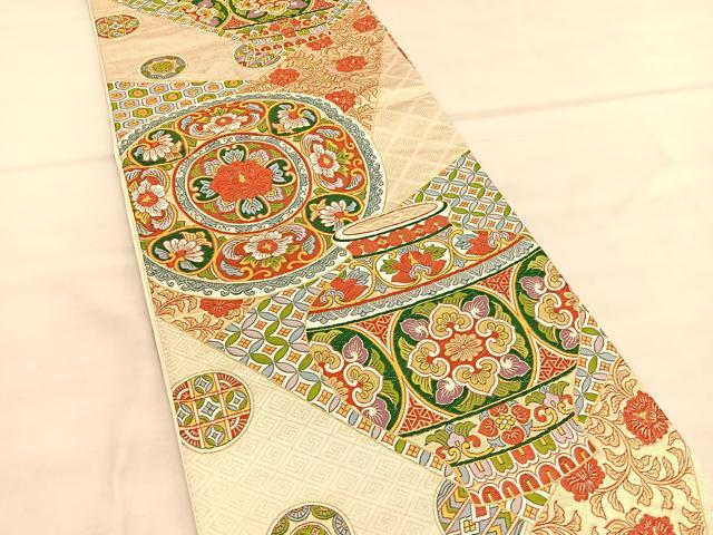 平和屋着物◎六通柄袋帯 唐織 裂取陶器文 金糸 正絹 逸品 BAAU5778hv