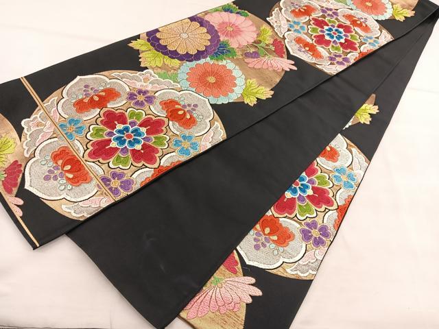 平和屋着物◎六通柄袋帯 唐織 花丸文 黒地 金銀糸 正絹 逸品 BAAU5789hv