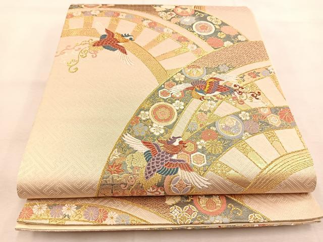 平和屋着物◎六通柄袋帯 唐織 鳳凰花蝶片輪車文 金糸 正絹 逸品 BAAU6027yc
