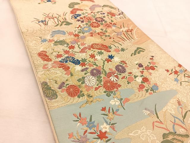 平和屋着物◎六通柄袋帯 唐織 流水秋草文 金糸 正絹 逸品 BAAU6165yc