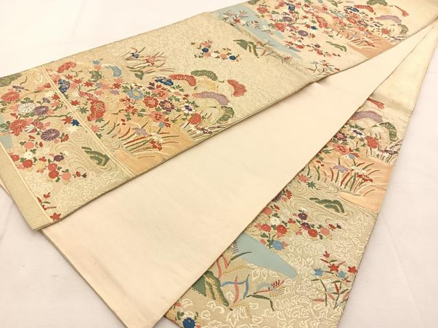 平和屋着物◎六通柄袋帯 唐織 流水秋草文 金糸 正絹 逸品 BAAU6165yc