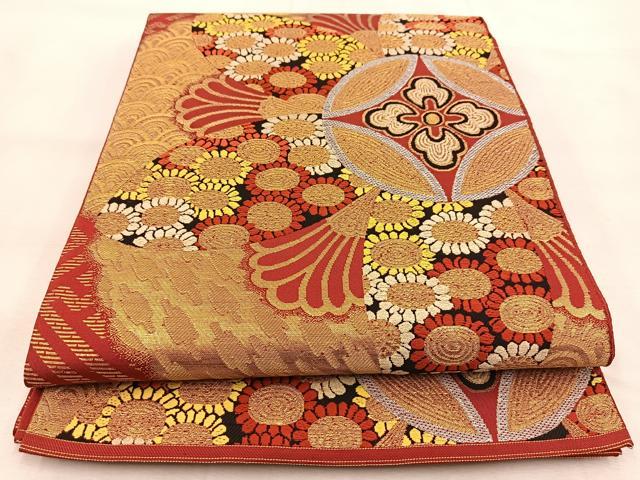 平和屋着物◎太鼓柄 本袋帯 吉祥花文 金糸 正絹 逸品 BAAU6167yc