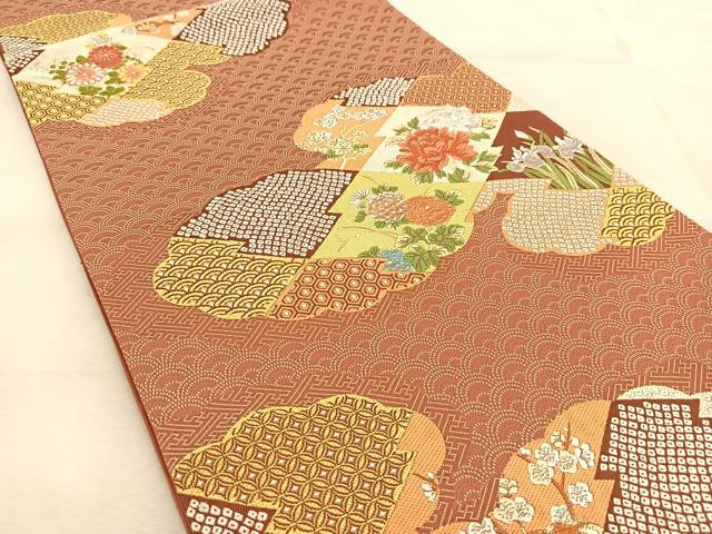 平和屋着物◎六通柄袋帯 唐織 雲取り吉祥花文 正絹 逸品 BAAU6168yc