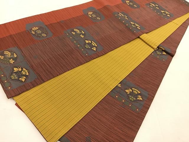 平和屋着物◎六通柄袋帯 紬地 更紗花鳥文 正絹 逸品 BAAU6169yc