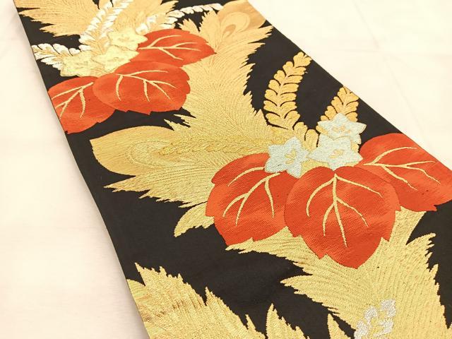 平和屋着物◎六通柄袋帯 孔雀羽花文 黒地 金銀糸 正絹 逸品 BAAU6171yc