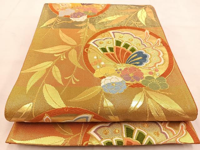 平和屋着物◎六通柄袋帯 唐織 花蝶丸文 金糸 正絹 逸品 BAAU6183yc