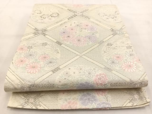 平和屋着物◎六通柄袋帯 唐織 菱天井花文 銀糸 正絹 逸品 BAAU6191yc