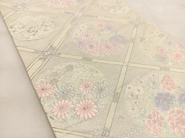 平和屋着物◎六通柄袋帯 唐織 菱天井花文 銀糸 正絹 逸品 BAAU6191yc