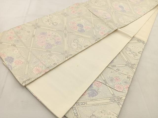 平和屋着物◎六通柄袋帯 唐織 菱天井花文 銀糸 正絹 逸品 BAAU6191yc