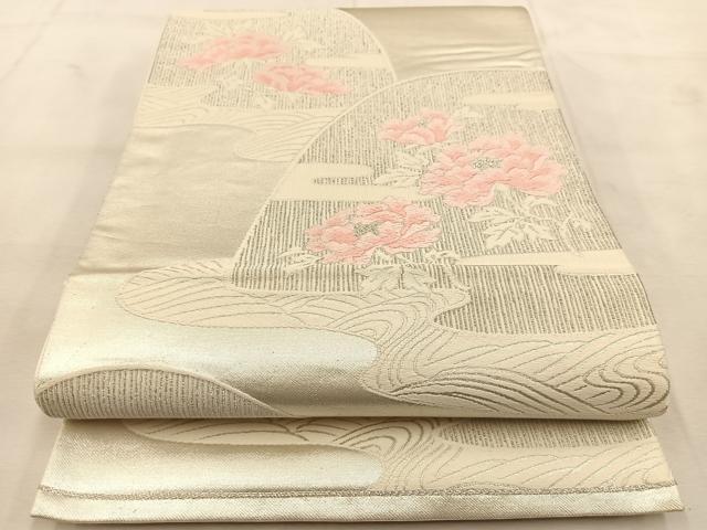 平和屋着物◎六通柄袋帯 唐織 流水牡丹文 銀糸 正絹 逸品 BAAU6224yc