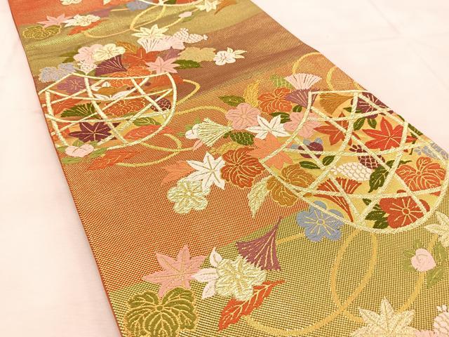 平和屋着物◎六通柄袋帯 唐織 篭草花文 金糸 正絹 逸品 BAAU6250yc