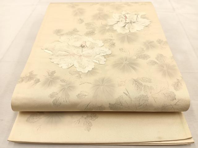 平和屋着物◎太鼓柄袋帯 刺繍 牡丹 銀通し地 正絹 逸品 BAAU6261yc