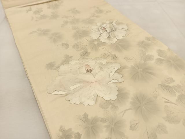 平和屋着物◎太鼓柄袋帯 刺繍 牡丹 銀通し地 正絹 逸品 BAAU6261yc