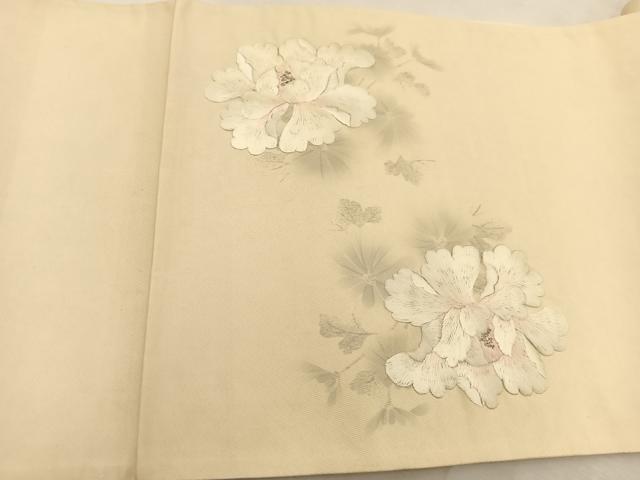 平和屋着物◎太鼓柄袋帯 刺繍 牡丹 銀通し地 正絹 逸品 BAAU6261yc