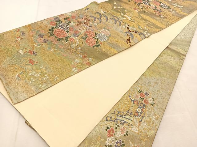 平和屋着物◎六通柄袋帯 唐織 御所車花鳥文 金糸 引箔 正絹 逸品 BAAU6266yc