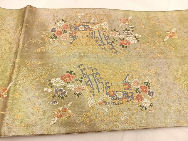 平和屋着物◎六通柄袋帯 唐織 御所車花鳥文 金糸 引箔 正絹 逸品 BAAU6266yc