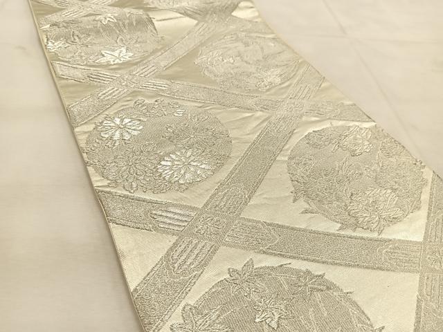 平和屋着物◎六通柄袋帯 菱天井花丸文 銀糸 正絹 逸品 BAAU6270yc