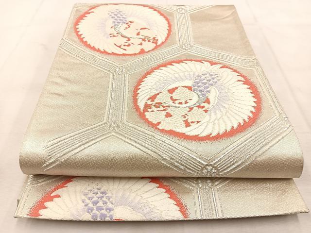 平和屋着物◎六通柄袋帯 唐織 亀甲飛鶴丸文 銀糸 正絹 逸品 BAAU6276yc