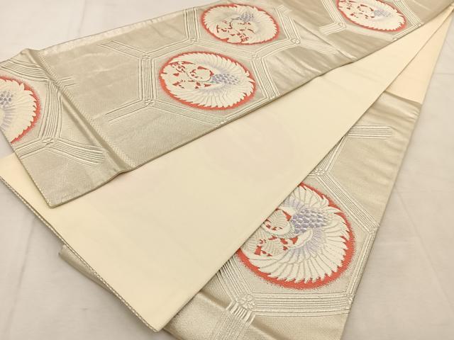 平和屋着物◎六通柄袋帯 唐織 亀甲飛鶴丸文 銀糸 正絹 逸品 BAAU6276yc