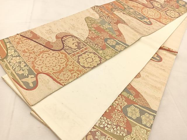 平和屋着物◎六通柄袋帯 唐織 エ霞更紗花鳥文 金糸 正絹 逸品 BAAU6280yc