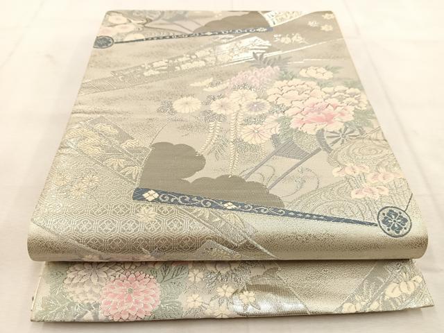 平和屋着物◎六通柄袋帯 唐織 プラチナ二重箔 九百錦 扇花車文 正絹 逸品 BAAU6297yc