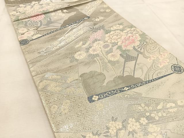 平和屋着物◎六通柄袋帯 唐織 プラチナ二重箔 九百錦 扇花車文 正絹 逸品 BAAU6297yc