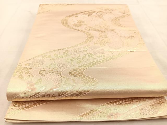 平和屋着物◎六通柄袋帯 銀彩錦 花流水 金糸 正絹 逸品 BAAU6309yc