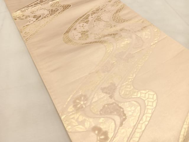 平和屋着物◎六通柄袋帯 銀彩錦 花流水 金糸 正絹 逸品 BAAU6309yc