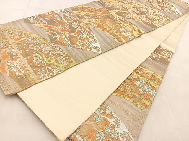 平和屋着物◎六通柄袋帯 都緞子 地紙草花文 金銀糸 正絹 逸品 BAAU6323yc