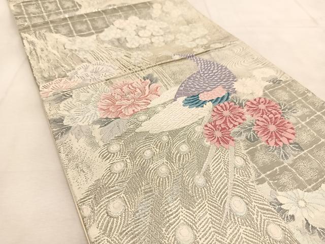平和屋着物◎六通柄袋帯 唐織 孔雀花文 銀糸 正絹 逸品 BAAU6332yc