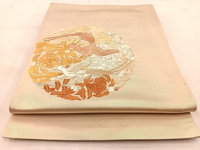 平和屋着物◎太鼓柄袋帯 総刺繍 銀駒刺繍 鳳凰花丸文 引箔 正絹 逸品 BAAU6337yc