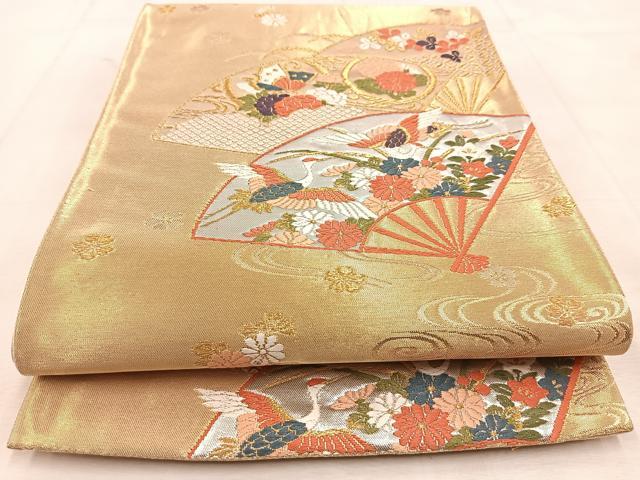 平和屋着物◎六通柄袋帯 唐織 扇面動物花文 金銀糸 正絹 逸品 BAAU6380yc