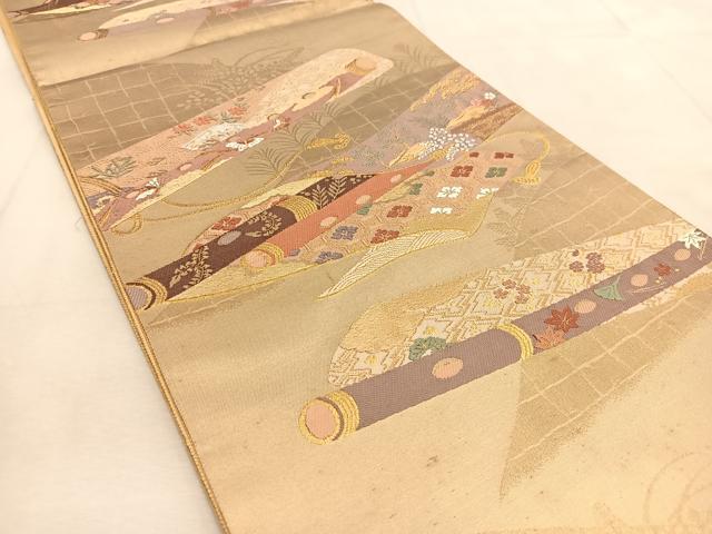 平和屋着物◎六通柄袋帯 唐織 横笛花蝶文 金糸 正絹 逸品 BAAU6425yc