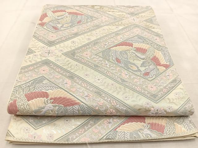 平和屋着物◎六通柄袋帯 唐織 向かい鳳凰更紗花文 銀糸 正絹 逸品 BAAU6429yc