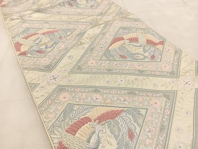 平和屋着物◎六通柄袋帯 唐織 向かい鳳凰更紗花文 銀糸 正絹 逸品 BAAU6429yc