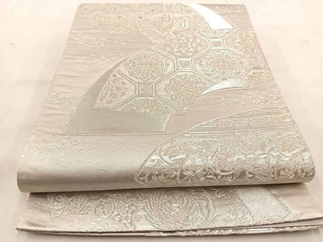 平和屋着物◎六通柄袋帯 唐織 鳳凰地紙花文 銀糸 正絹 逸品 BAAU6494yc