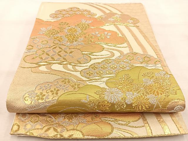 平和屋着物◎六通柄袋帯 雲取り吉祥花文 金銀糸 正絹 逸品 BAAU6590yc