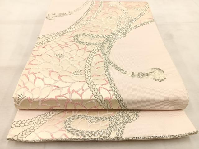 平和屋着物◎六通柄袋帯 唐織 結び紐牡丹文 銀糸 正絹 逸品 BAAU6602yc