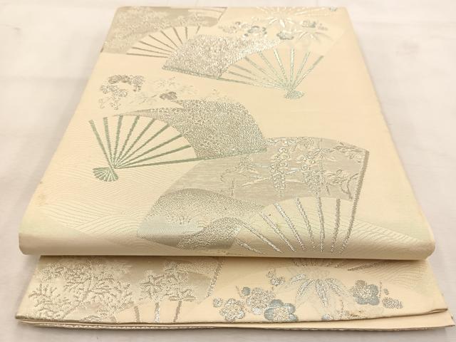 平和屋着物◎六通柄袋帯 唐織 扇面花文 銀糸 正絹 逸品 BAAU6629yc