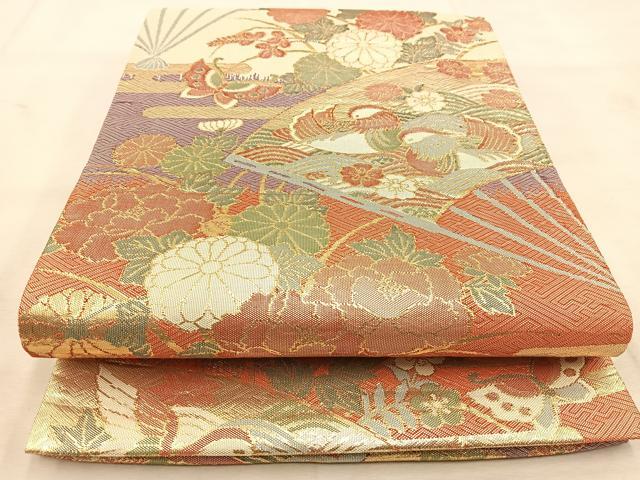 平和屋着物◎佐賀錦 六通柄袋帯 扇面動物花文 金銀糸 正絹 逸品 BAAU6631yc