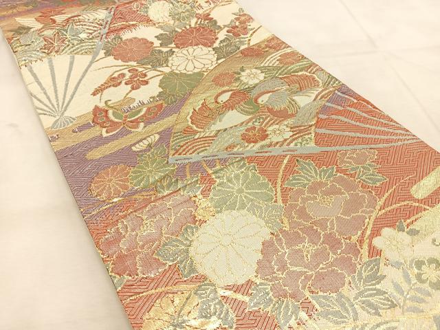 平和屋着物◎佐賀錦 六通柄袋帯 扇面動物花文 金銀糸 正絹 逸品 BAAU6631yc